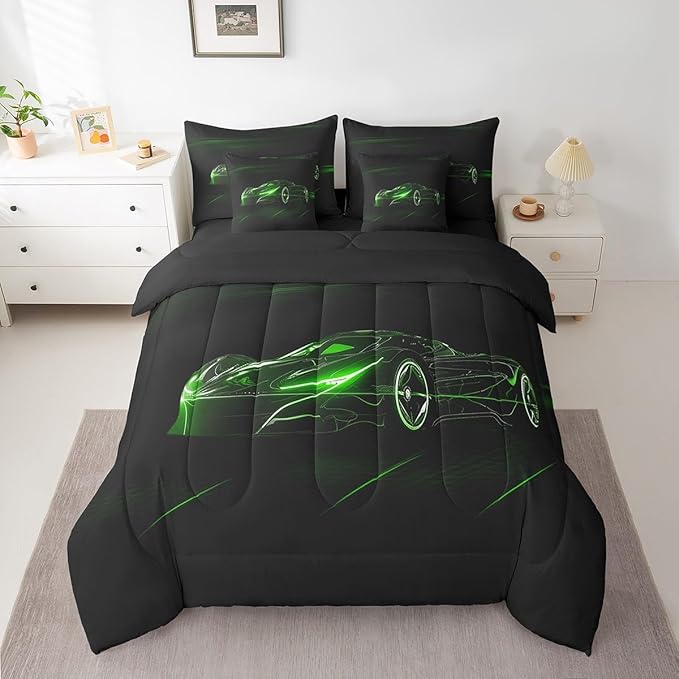 Feelyou Green Race Car 7 Piece Bedding Set King Size for Kids Boys Extreme Sport Games Comforter Set with Sheets Teens Toddler Fast and Furious Bed in a Bag Cool Modern Bed Set
