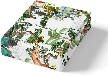 Colorful Dino Duvet Cover Queen Size,Dinosaur Cartoon Wild Animal Painting Duvet Cover Set for Children Adult,Green Leaves Tropical Botanical White Soft Comforter Cover for Dorm Room, Zipper, Ties