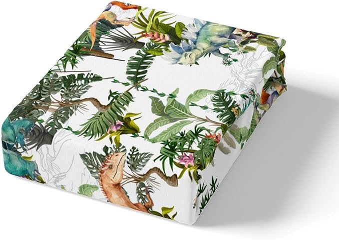 Colorful Dino Bedding Set King Size for Teens,Dinosaur Cartoon Wild Animal Painting Comforter Cover with 2 Pillowcases,Green Leaves Tropical Botanical White Duvet Cover Set Microfiber Quilt Cover