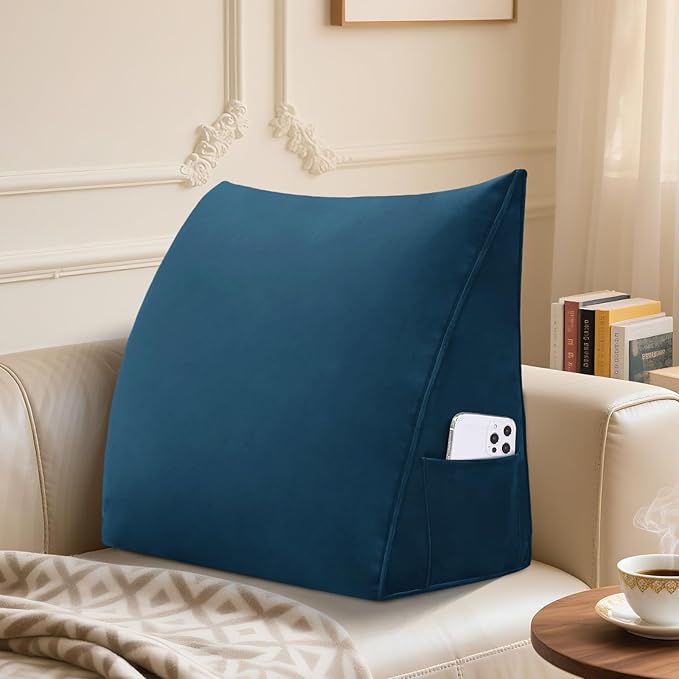 Wedge Headboard Reading Pillow for Bed Velvet Triangular Backrest Bolster Pillow for Sitting Up Daybed Cushion Lumbar Body Support Positioning for Headboard, Couch, Dorm, Deepblue