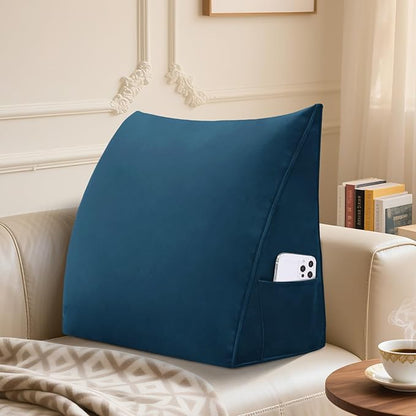 Wedge Headboard Reading Pillow for Bed Velvet Triangular Backrest Bolster Pillow for Sitting Up Daybed Cushion Lumbar Body Support Positioning for Headboard, Couch, Dorm, Deepblue