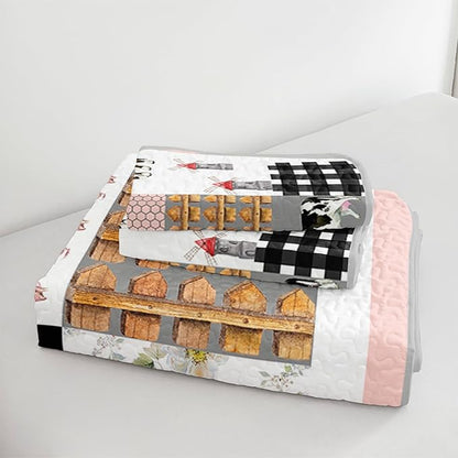 HOSIMA Farmhouse King Size Bedding Set,Plaid Patchwork Cow Bedding,Cute Cartoon Farm Animal Pig Cow Horse Pattern Quilt,Western Country Style Room Decor Aesthetic with 2 Pillowcases.