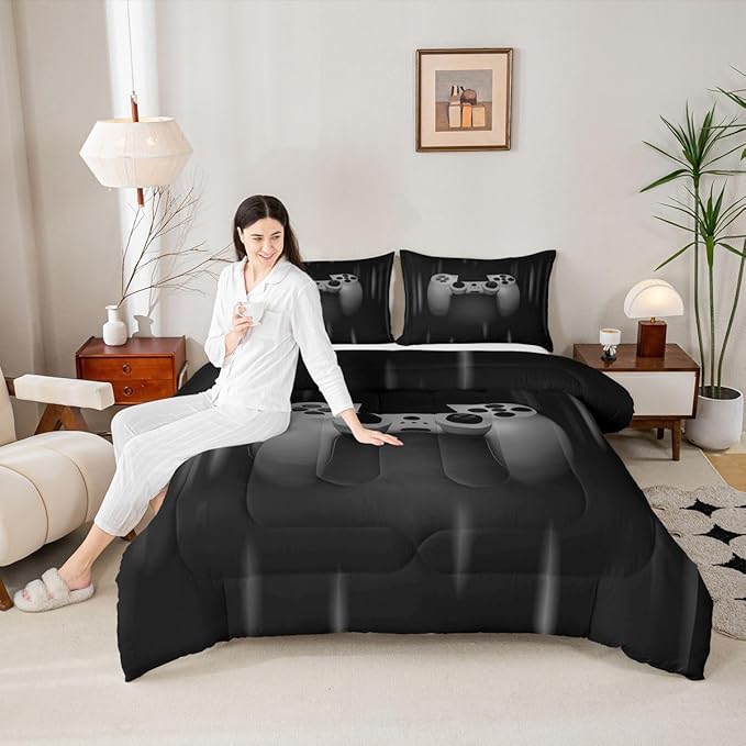 Feelyou Boys Gamer Comforter Set King Size Bedding Set for Kids Gaming Comforter Gray Black Video Games Gamepad Room Decor for Teens Child Super Soft Geometric Duvet Quilted Son Grandson Gift