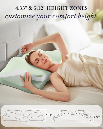 Cervical Neck Pillow, Cooling Ergonomic Memory Foam Pillows for Deep Sleep with Luxury Washable Pillowcase, Contour Orthopedic Neck Support Bed Pillows for Side Back Stomach Sleepers Queen Size-Green