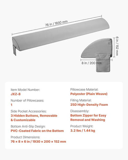 VEVOR Bed Wedge Pillow for Headboard, King Size, 76"x8"x6" Bed Gap Filler, Fill 0-5" Gap Between Headboard and Mattress, 25D Foam Mattress Wedge Headboard Pillow with Side Pocket, for Backrest, Gray
