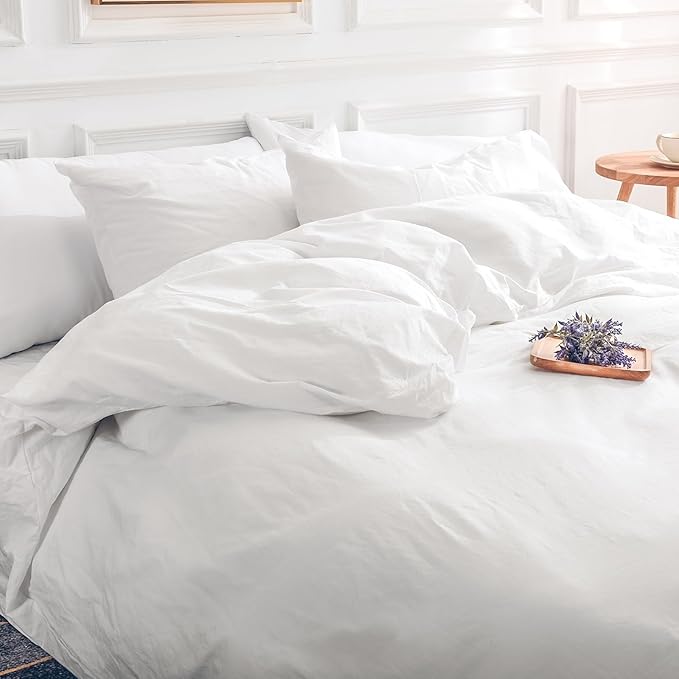 NEXHOME PRO Cotton Duvet Cover Queen Size White, Organic Natural Linen Feel 100% Washed Cotton 3 Pieces Bedding Set with Zipper Closure & Corner Ties, Breathable(No Comforter)