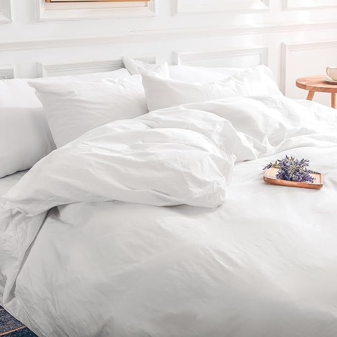 NEXHOME PRO Cotton Duvet Cover Set King Size Linen Feel White Organic Natural 100% Washed Cotton Duvet Cover Set 3 Pieces Bedding Set with Zipper Closure, Lightweight and Breathable (No Comforter)