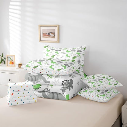 Feelyou Cute Dinosaur 7 Piece Bedding Set Bright Green Grey Dinosaur Comforter Set with Sheets for Kids Boys Girls Nutrue Palm Tree Bed in a Bag Animal Theme Bed Set Soft Lightweight