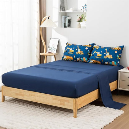 NTBED 5 Pieces Construction Truck Full Comforter Set for Boys Kids Bed in a Bag Vehicles Excavator Lightweight Microfiber Bedding Sets,Blue