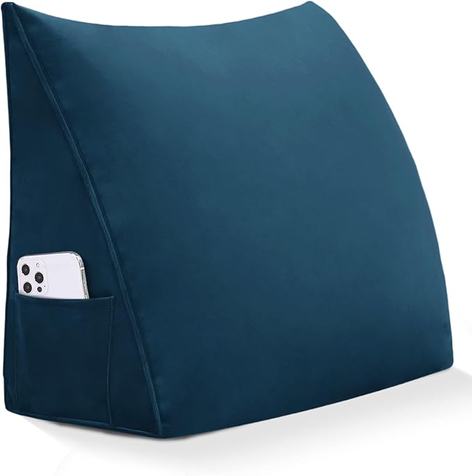 Wedge Headboard Reading Pillow for Bed Velvet Triangular Backrest Bolster Pillow for Sitting Up Daybed Cushion Lumbar Body Support Positioning for Headboard, Couch, Dorm, Deepblue