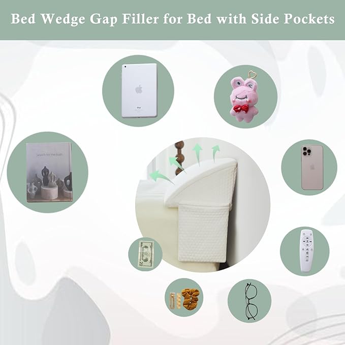 Bed Wedge Gap Filler Queen (60"x 8"x 6") Wedge Pillow for Headboard Gap 0-8" Mattress Gap Filler Pillow Fill The Gap Between Mattress and Wall with 2 Side Large Pockets, Bed Pillow Stopper