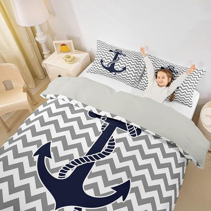Gray Stripes Duvet Cover Full Size,Geometric Anchor Bedding Set 3pcs for Kids Boys Adults Home Room Decor,Nautical Adventure Themed Comforter Cover Modern Abstract Quilt Cover,2 Pillowcases