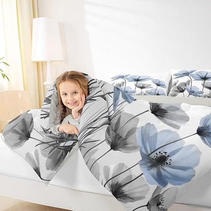 Erosebridal Blue Floral Toddler Bedding Set,Blue and Grey Flower Comforter Set for Kids Girls,Vintage Flowers Bed Set,Rustic Country Wildflower Room Decor with 1 Pillowcase,Lightweight