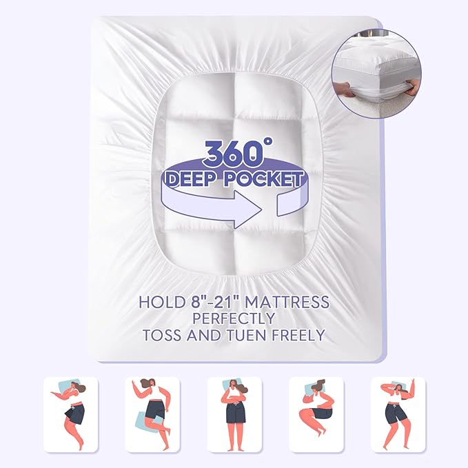 ABENE King Size Mattress Topper for Back Pain Relief, Extra Thick Mattress Pad Pillowtop, Soft Plush Mattress Cover Bed Topper with Deep Pocket, Overfilled Down Alternative Filling, White