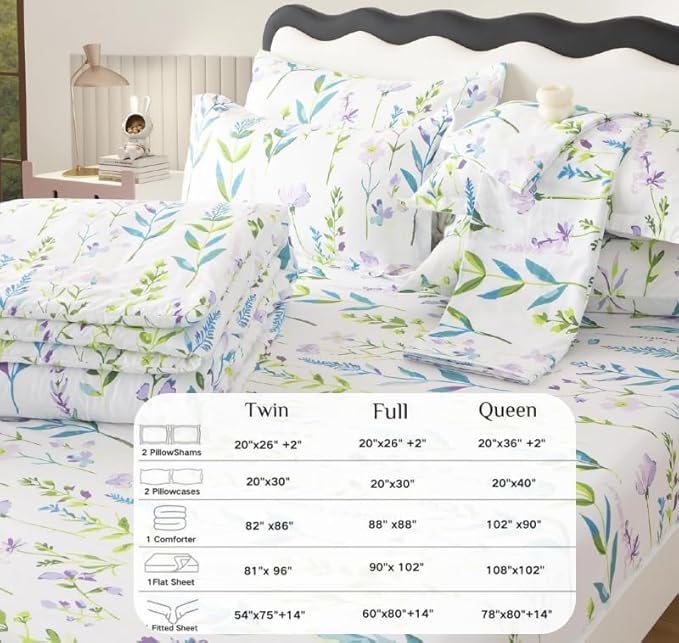 SDY 7PCS Floral Bedding Set Full Size Bedding Set Girl Boys Kids,Bed in A Bag Full with Floral Comforter, Flat Sheet, Fitted Sheet and Pillowcases & Shams
