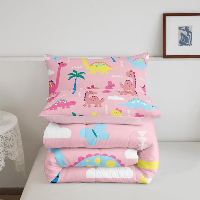Lovely Dinosaur Kids Bedding Sets Cartoon Dino Kawaii Wild Animal Reversible Comforter for Boys Colorful Cute Butterflies Pink Quilt Set Soft Duvet Insert,1 Pillowcase Toddler Size