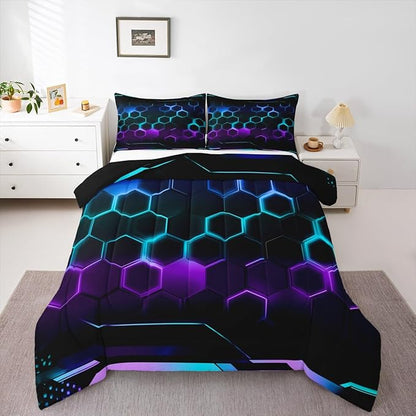 Fashion 3D Honeycomb Bedding Comforter Set Queen Size Neon Colorful Light Geometric Hexagon Comforter Set for Boys Teens Kids Bedroom Decor Video Racing Games Quilted Duvet Black Duvet Insert 3pcs