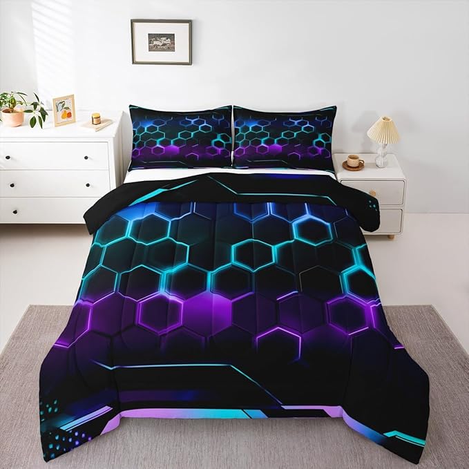 Fashion 3D Honeycomb Bedding Comforter Set Full Size Neon Colorful Light Geometric Hexagon Comforter Set for Boys Teens Kids Bedroom Decor Video Racing Games Quilted Duvet Black Duvet Insert 3pcs