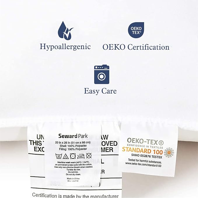 Seward Park Bed Pillow Standard Size Set of 2, Shams Insert 20 x 26 inch, Down Alternative Cooling Pillows for Stomach, Side or Back Sleeper