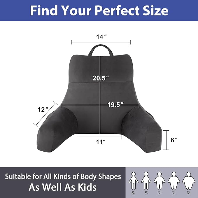 Reading Pillow with Arms for Adults, Back Pillow for Bed Sitting Up, Shredded Memory Foam Backrest Pillow with Pockets & Removable Washable Cover, Lounging, Watching TV, Reading(20inch Grey)