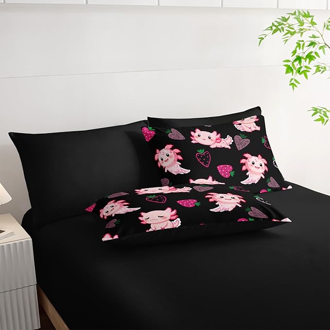 Cute Axolotl Comforter Set,Bed in a Bag Full Size 7 Pieces,Marine Life Themed Bed Set for Kids Girls Toddler,7Pcs Bedding Set with Comforter,Fitted Sheet,Flat Sheet,Pillowcases.