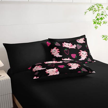 Cute Axolotl Comforter Set,Bed in a Bag Full Size 7 Pieces,Marine Life Themed Bed Set for Kids Girls Toddler,7Pcs Bedding Set with Comforter,Fitted Sheet,Flat Sheet,Pillowcases.