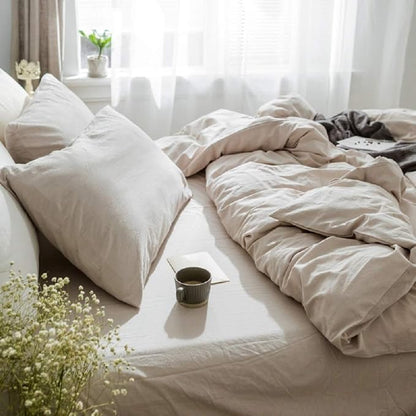 Beige Duvet Cover Queen, 100% Washed Cotton Linen Like Textured Solid Color Casual Modern Style Beige Bedding Set, with Zipper Closure, Luxury Soft Relaxed Feel Natural Wrinkled Comfy (3pcs, Queen)
