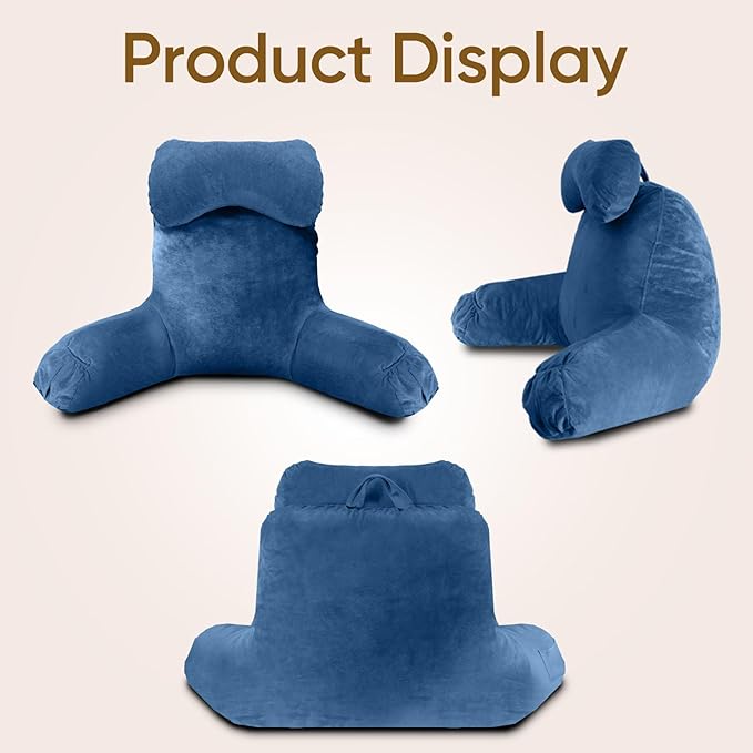 Reading Pillow for Sitting in Bed Adult, Bed Pillow with Shredded Memory Foam, 25''H Pillow with Detachable Neck Roll, Washable Cover, Sitting Up with Extend Arms, Navy