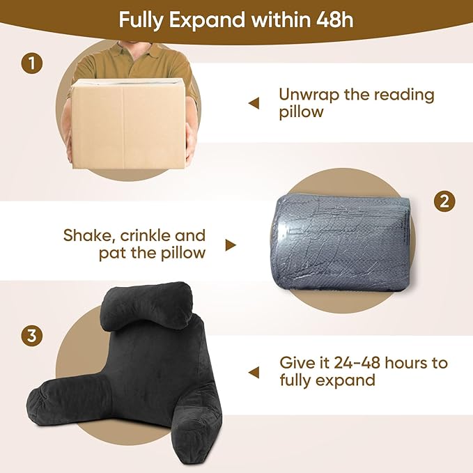 Reading Pillow for Sitting in Bed Adult, Reading Pillow with Shredded Memory Foam (Black, Extra Large 25" H)