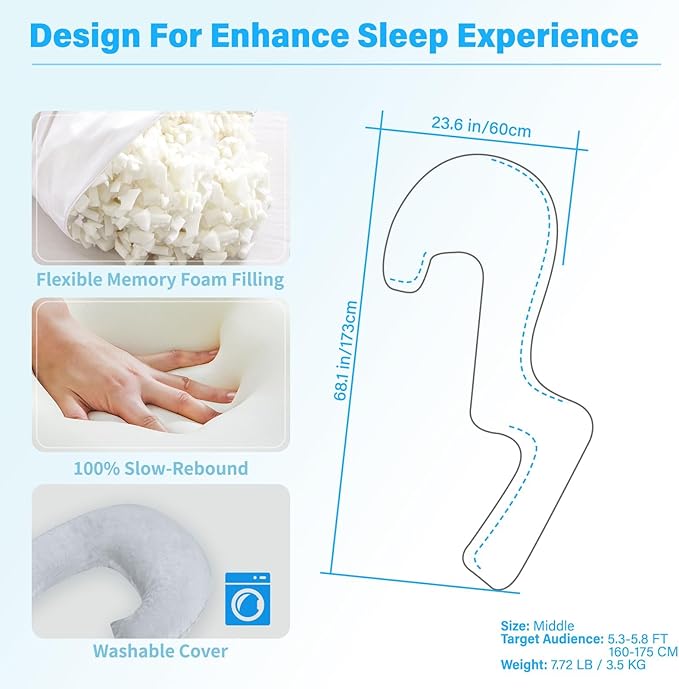 Body Pillow with Cover, 68 Inches Memory Foam Full Body Pillow for Side Sleeper, Long Pregnancy Pillow with Contour Support for Back, Knee, Leg Relief - Medium Grey