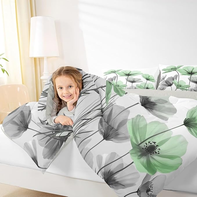 Erosebridal Green Floral King Comforter Set,Green and Gray Flower Bedding Sets for Kids Girls Women,Vintage Flowers Country Bed Set,Boho Wildflower Room Decor with 2 Pillowcases,Breathable