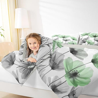 Erosebridal Green Floral King Comforter Set,Green and Gray Flower Bedding Sets for Kids Girls Women,Vintage Flowers Country Bed Set,Boho Wildflower Room Decor with 2 Pillowcases,Breathable