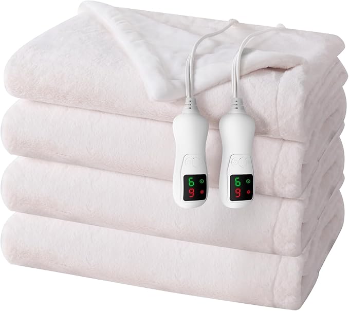 Electric Heated Blanket Queen Size, Washable Blanket Warmer with Dual Control for Home for Adults, Super Cozy Soft Fabric, 84" x 90", 9 Heat Levels, 1-9H Auto-Off, ETL Certified, Pink White