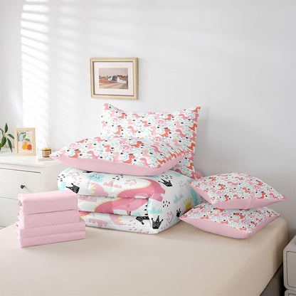 Feelyou Pink Dinosaur 7 Piece Bedding Set Cute Dinosaur Comforter Set with Sheets for Kids Boys Girls Crown Print Bed in a Bag Kawaii Animal Bed Set Soft Lightweight
