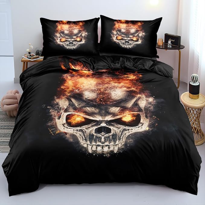Black Goth Duvet Cover Set, Twin Size Spooky Skull Comforter Cover and Pillowcases Halloween Bedding Set Gothic Bed Sets for Boys