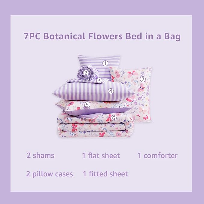 Queen Comforter Sets for Girls, Butterfly Botanical Flowers Bedding Set, All Season Kids Bed in a Bag 7 Pieces with Sheets, Pillowcases & Shams