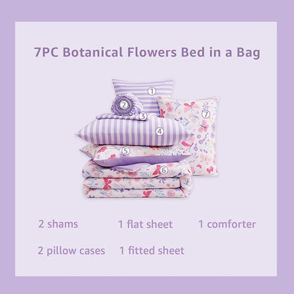 Full Size Comforter Sets for Girls, Butterfly Botanical Flowers Bedding Set, All Season Kids Bed in a Bag 7 Pieces with Sheets, Pillowcases & Shams