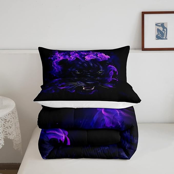 Feelyou Leopard Beddinig Set Black Panther Comforter Set for Kids Boys Girls Safari Cheetah Comforter Blue Fire Wild Animal Decor Quilt Set Room Decor 3Pcs Queen Size