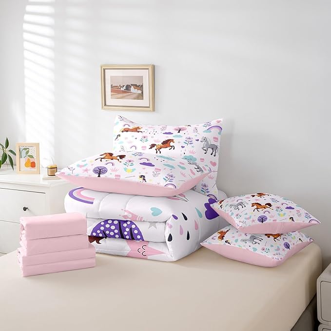 Erosebridal Twin Bed in a Bag Floral Horse Comforter Set with Sheets 7Pieces All Season Cartoon Zoo Animal Bedding Sets with Comforter, Cushion Covers, Flat Sheet, Fitted Sheet and Pillowcase