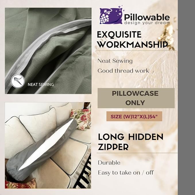 Case ONLY - Grey 54x12 inches Round Body Pillowcase - Cover Only - Zipper Pillowcase - 100% Brushed Microfiber - Bolster Pillow Cover - Fits Only Pillowable Round Body Pillow