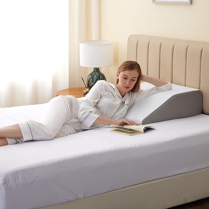 Bedluxe Leg Pillow, 8inch Leg Elevating Pillow for After Surgery, Blood Circulation, Leg Wedge Pillow for Side Sleeping, Leg Rest for Swelling, Cooling Gel Memory Foam Top, White/Grey