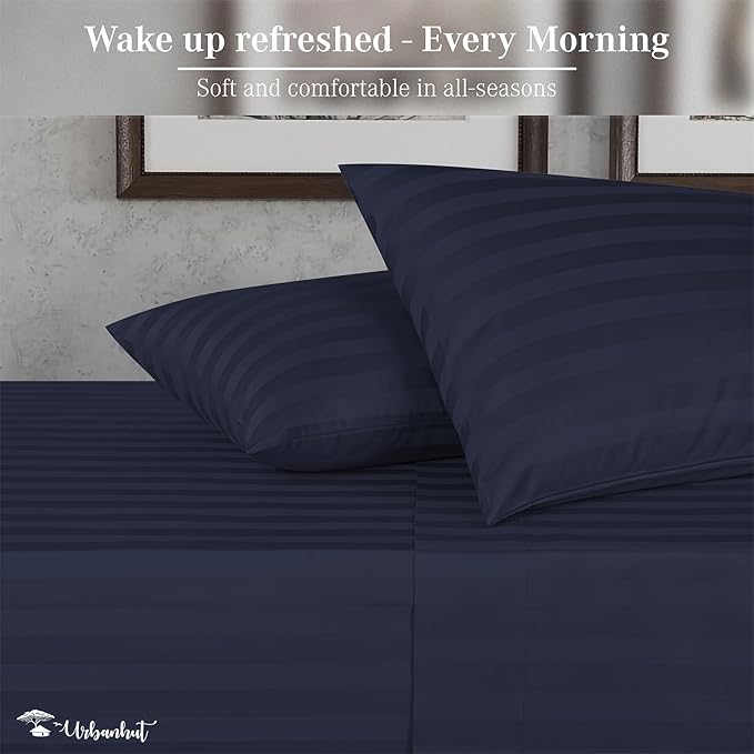 URBANHUT 1000 Thread Count Damask Striped Full Sheet Set Egyptian Cotton Sheets, Long Staple Soft & Breathable, 4 Pc Bed Sheet Sets, Luxury Hotel Sateen Sheets Fits 16" Deep Pocket - Navy Blue