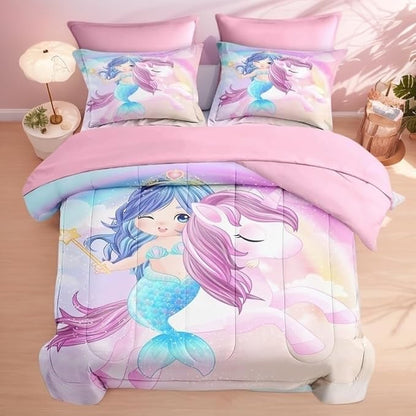 Twin Size Comforter Set with Pillowcase & Sham, Cute Unicorn Mermaid 5 Pcs Bedding for Kids and Teens, Love Kids Rainbow Bed in a Bag with Flat Fitted Sheet