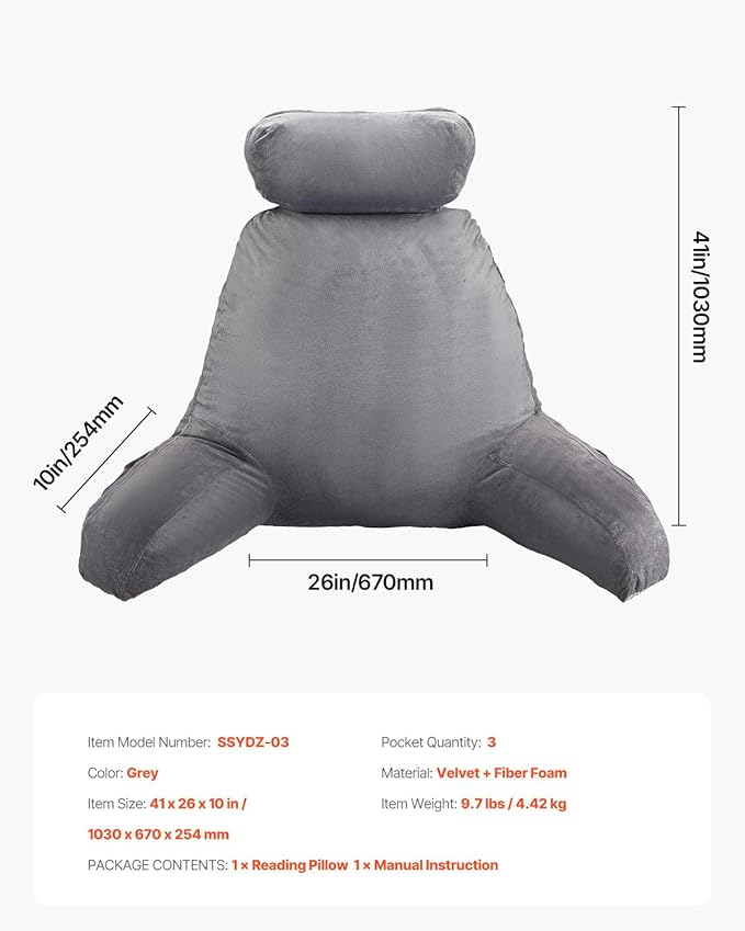VEVOR Reading Pillow, Extra Large Bed Pillow for Sitting Up with Removable Headrest &3 Pockets, Back Pillow for Bed with Shredded Memory Foam, Pillow with Arms for Reading, Gaming, Resting, Grey