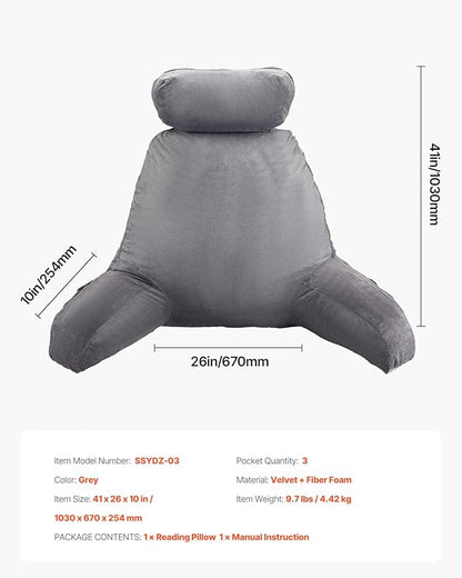 VEVOR Reading Pillow, Extra Large Bed Pillow for Sitting Up with Removable Headrest &3 Pockets, Back Pillow for Bed with Shredded Memory Foam, Pillow with Arms for Reading, Gaming, Resting, Grey
