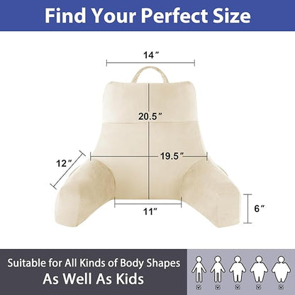 Reading Pillow with Arms for Adult, Back Pillow for Bed Sitting Up, Shredded Memory Foam Backrest Pillow with Pockets & Removable Washable Cover, Lounging, Watching TV, Reading(20" Beige)