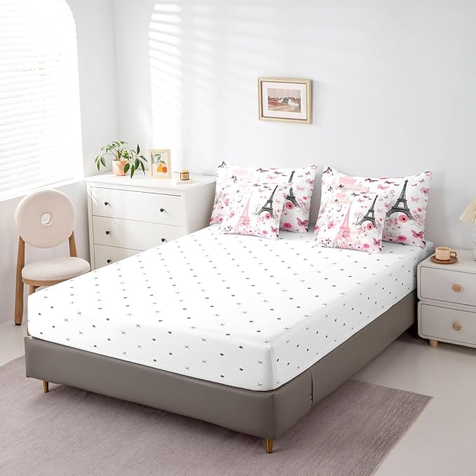 Feelyou Eiffel Tower Comforter Set with Sheets King Size Paris 7 Piece Bedding Set for Adult Boys Girls Teens Pink Flower and Butterfly Bed in a Bag Romantic Art Bed Set