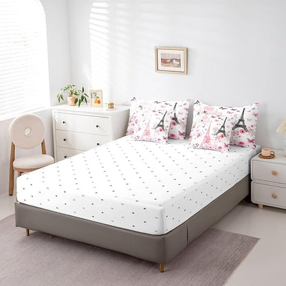 Feelyou Eiffel Tower Comforter Set with Sheets King Size Paris 7 Piece Bedding Set for Adult Boys Girls Teens Pink Flower and Butterfly Bed in a Bag Romantic Art Bed Set