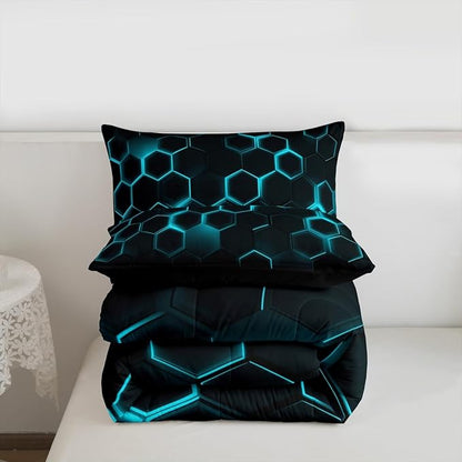 Geometric Honeycomb Hexagon Bedding Set Twin Size Neon Black Blue Comforter Set for Kids Boys Teens Room Decor Video Games Quilted Duvet Modern Fashion Duvet Insert 2pcs with 1 Pillowcase