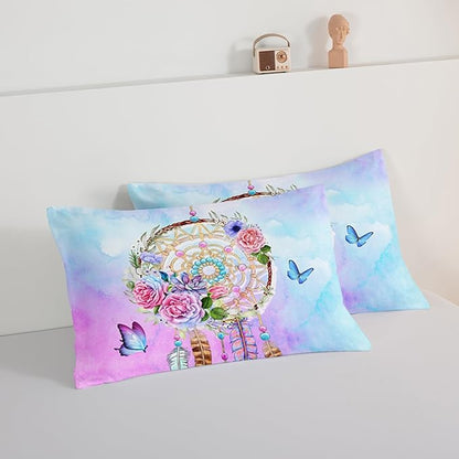 HOSIMA Boho Bedding Dream Catcher Comforter for Queen Size Bed with 2 Pillowcases,Butterfly Bed Set Room Decor for Teen Girls,Feather Floral Bedding Queen Comforter Sets for Adults Kids.